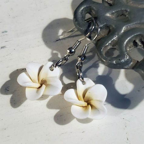 Handcrafted Fimo Polymer Clay White Hawaiian Plumeria Flower Bead Earrings Made With Fimo Polymer Clay 3-Dimensional Flower Beads As Dangles Handmade Flower Beads Are Each A Unique Work Of Art -- No Two Are Exactly The Same Silver Tone Platinum Plated Brass Metal Measures An Average Of 39mm Long, 16mm Wide, And 9mm Deep (Each Pair May Vary Slightly) Pd 6992-C Flower Bead Earrings, Hawaiian Plumeria, Fimo Polymer Clay, Heart Dangle Earrings, Beaded Drop Earrings, Holiday Earring, Handmade Flower, Flower Beads, Beaded Hoops