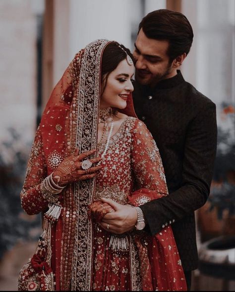 Barat Dress Design, Barat Dresses, Barat Dress, Muslim Wedding Photos, Bride Groom Photoshoot, Bride Groom Poses, Muslim Wedding Photography, Bride Photos Poses, Indian Wedding Poses