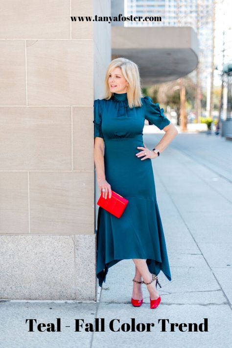 Teal | Fall Color Trend #fallfashion #teal #dresses Dark Teal Dress Outfit, Teal Dress Outfit, Classy Black Outfits, Dark Teal Dress, Fall Color Trend, Teal Dresses, Sweater Outfits Fall, Us Fashion, Fall Denim