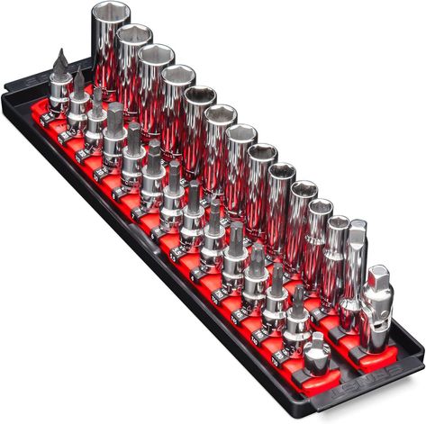 Ernst Mfg. 8493 RD Socket BOSS Tray High-Density System with 2 Red 13" Socket + Streamline Your Workspace: Maximize Efficiency and Keep Your Sockets Neatly Organized with our High-Quality Socket Storage Tray. Highly Versatile Universal Twist-Lock Socket Set Organizer Tray with 2 Sturdy Socket Rails - Ideal for Efficient Storage in the Drawer, on Your Workbench, or On-the-Go Use. Twist-Lock Clips for Ultra-Secure Socket Storage, Preventing Any Risk of Tool Loss. This Organizing Gem Includes 28 Clips Designed Specifically for 3/8-Inch Drive Sockets, Providing the Perfect Socket Hold. Measuring at a Convenient 14.88 by 3.63 by 1.24 inches, This Quality Organizer is Proudly Made in the USA, Meeting the Highest Standards of Craftsmanship. Capitalize on maximum configuration possibilities with t