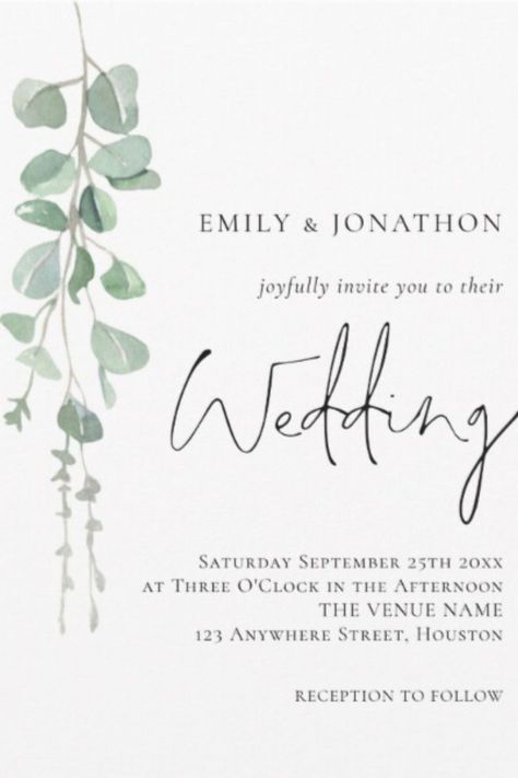 Modern Eucalyptus Elegant Script Sage Wedding. Elegant minimalist botanical style, with a set handwritten script for Wedding and the rest of the text you can easily personalize. An elegant branch of watercolor eucalyptus leaves runs down the left hand side. Sophisticated Wedding Invitations, Sage Wedding, Sophisticated Wedding, Elegant Wedding Invitations, Text You, Ways To Save, Gaming Wall Art, Elegant Wedding, Perfect Wedding