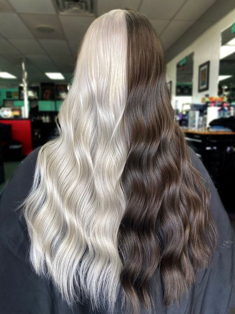 Split Dyed Hair Aesthetic, Split Hair Color Brown And Blonde, Long Split Dyed Hair, Half White Half Brown Hair, Half Blonde Half Brunette Hair, Blonde And Brunette Split Dye, Ash Blonde Split Dye, Silver Split Dye, Blonde And Brown Split Hair