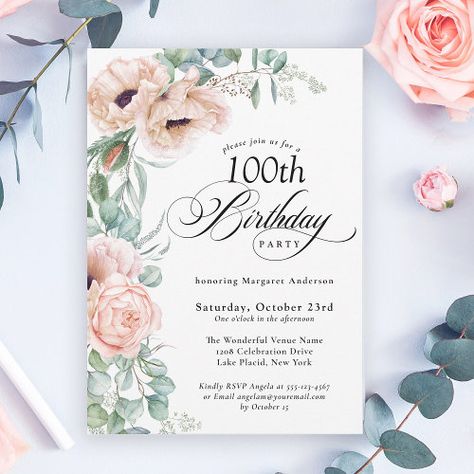 Pink And Beige Watercolor Floral 100Th Birthday Invitation #zazzle #weddinginvitations #birthdayinvitations #babyshowerinvitations #zazzleinvitations #monogram #businesscards #graduation #homedecor Elegant Birthday Invitations, Beige Watercolor, 100th Birthday Party, Floral Birthday Invitations, Floral Birthday Party, Adult Birthday Invitations, Rose Beige, Elegant Birthday, Floral Birthday