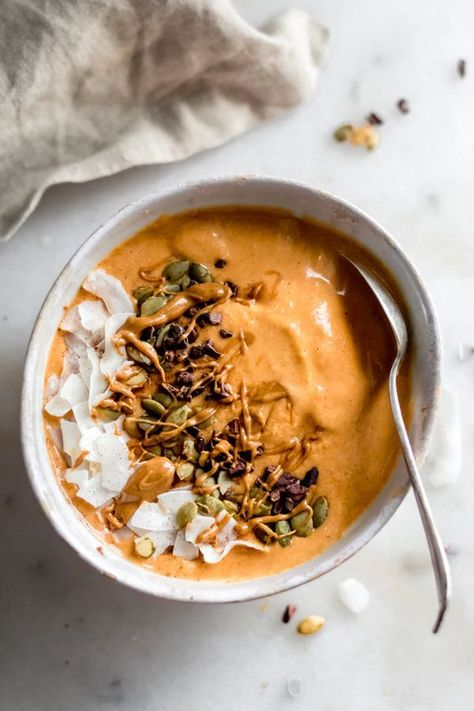 Fall Glow Smoothie Bowl - A delicious, creamy smoothie made with real food ingredients and lots of fall flavor. All you need for this filling breakfast is 6 ingredients and 10 minutes! #bluebowlrecipes #fall #smoothie #smoothiebowl #sweetpotato #dairyfree #vegan #glutenfree #breakfast #healthybreakfast | bluebowlrecipes.com Everyday Smoothie, Glow Smoothie, Creamy Smoothies, Filling Breakfast, Smoothie Bowl Recipe, Food Ingredients, Smoothie Bowls, Fall Food, Vegan Smoothies