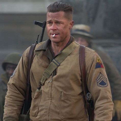 Fury Haircut, Brad Pitt Fury, Fury 2014, Fury Movie, Beyonce Outfits, Celebrity Outfits, Brad Pitt, Cotton Jacket, Vintage Cotton