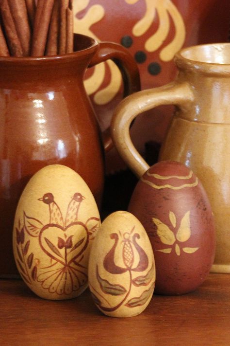 Eggs Primitive Fireplace Mantle, Redware Ornaments, Primitive Bunnies, Redware Pottery, Primitive Spring, Country Easter, Primitive Easter, Painted Eggs, Primitive Colonial