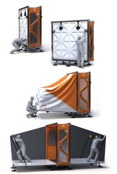 Housing the Displaced CMAX | an emergency shelter that combines advantages of tents with those of trailers. It ships and stores flat like a tent, and two people can set one up in 11 minutes. Foldable House, Emergency Shelters, Emergency House, Shelter House, Temporary Shelter, Portable Shelter, Temporary Housing, Shelter Design, Tent Awning