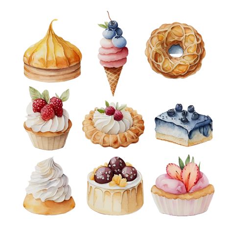 Pastel Watercolor Desserts Clipart AI Generated Pastry Watercolor, Desserts Illustration, Dnd Notes, Watercolor Dessert, Bakery Clipart, Pixel Art Food, Cake Sketch, Baking Chart, Stickers Food