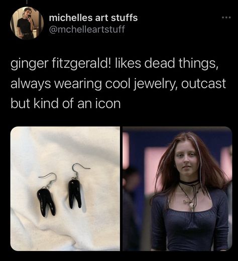 Ginger Fitzgerald Aesthetic, Ginger Fitzgerald Outfit, Ginger Fitzgerald, Teeth Earrings, Black Teeth, Ginger Snaps Jewelry, Teen Witch, Oc Aesthetic, Character Wardrobe