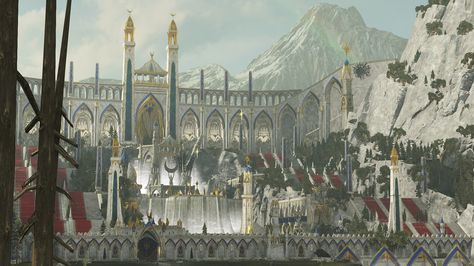 High Elf City Fantasy Art, High Elf Architecture, Dnd Cities, Elven Aesthetic, Wow Elf, Elf City, Jungle City, Elven City, Blood Elf