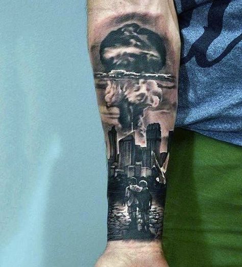 30 Mushroom Cloud Tattoo Designs For Men - Atomic Ink Ideas Mushroom Cloud Tattoo, Cloud Tattoos, Apocalypse Tattoo, Fallout Tattoo, Gas Mask Tattoo, Cloud Tattoo Design, Horror Tattoos, Mushroom Cloud, City Tattoo