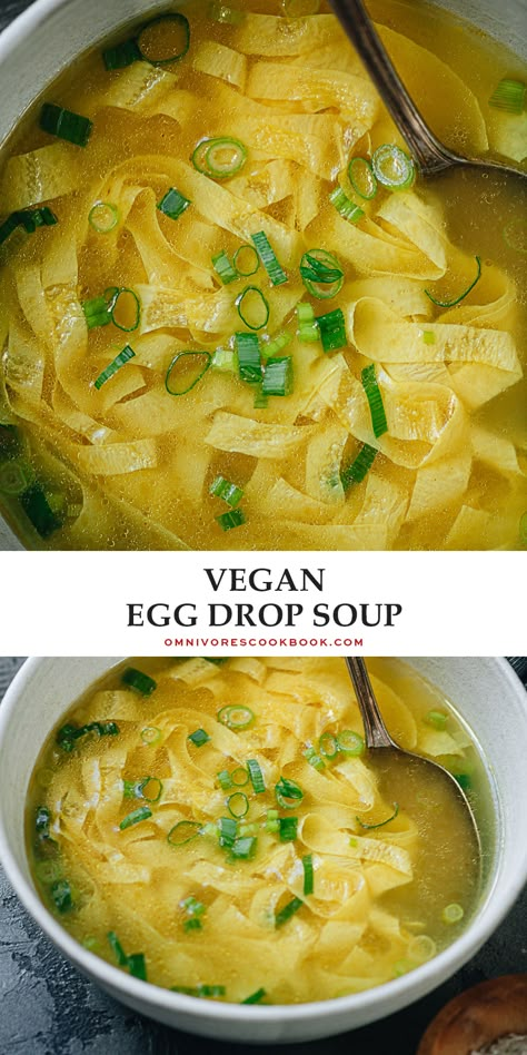 Vegan egg drop soup is made with plant-based ingredients and preserves all the character of the original version. The tender yuba sheets mimic the egg ribbons, and swim in a gingery savory soup that has a lovely bright yellow color. It’s a dish that takes no time to put together and is a comforting addition to the dinner table. {Vegan, Gluten-Free} Vegan Healing Recipes, Vegan Just Egg Recipes, Vegan Chinese Soup, Vegan International Recipes, Vegan Egg Drop Soup, Vegan Asian Soup, Yuba Recipe, Vegan Chinese Recipes, Vegan Chinese Food