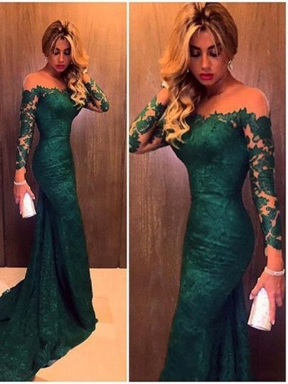 Off-the-Shoulder Zipper-Up Trumpet Lace Court Train Evening Dress Sweep Train Prom Dress, Prom Dresses 2018, Long Sleeve Prom, Prom Dresses For Sale, Lace Prom Dress, Green Prom Dress, Lace Evening Dresses, Mermaid Evening Dresses, Prom Dresses With Sleeves