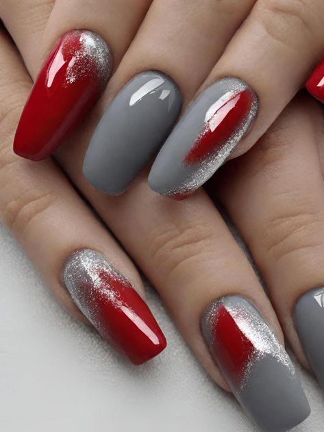 Grey Nail Designs, Gray Nails, Nail Design Inspiration, Red And Grey, Red Nails, Black And Grey, Black And Red, Nail Designs, Design Inspiration