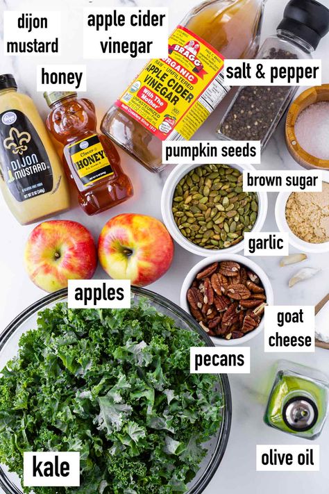 Kale Apple Salad! This easy and fall-inspire kale apple salad is perfect for the season. Packed with soft kale, sweet honeycrisp apples, pecans, and a homemade apple cider vinaigrette. Kale Apple Pecan Salad, Autumn Kale Apple And Quinoa Salad, Fall Healthy Salads, Kale Apple Goat Cheese Salad, Kale Apple Cranberry Salad, Kale Salad Apple, Kale Christmas Salad, Kale Salad Lunch, Kale And Apple Salad Recipes