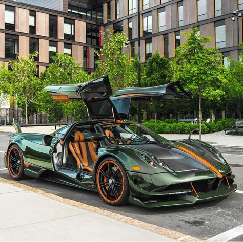 Pagani Huayra BC made out of Green & Gray exposed carbon fiber w/ Orange accents  Photo taken by: @carsandtrees on Instagram   Owned by: @gregb.23 on Instagram Pagani Car, Pagani Huayra Bc, Car Wheels Diy, F12 Berlinetta, Aesthetic Cool, Car Wheels Rims, Pagani Zonda, Exclusive Cars, Pagani Huayra