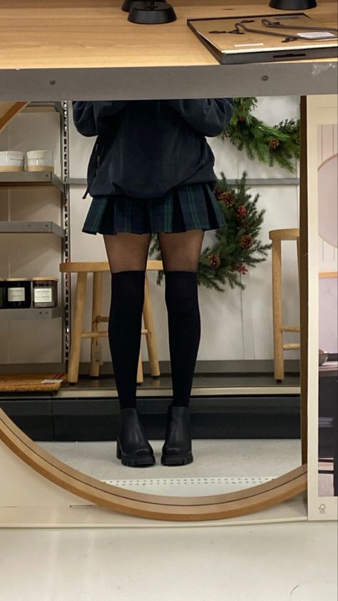 Stockings With Socks Outfit, Tights With Knee High Socks, Long Socks Winter Outfit, Tall Sock Outfits, Knee High Socks With Loafers, Knee High Stockings Outfit Skirts, Black Knee High Socks Outfit Aesthetic, Black Knee High Stockings Outfit, Skirt With Thigh High Socks Aesthetic