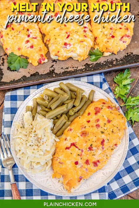 Melt in Your Mouth Pimento Cheese Chicken Recipe – super delicious and ready in under 30 minutes! Chicken, mayonnaise, cheddar cheese, parmesan cheese, garlic salt, and diced pimentos. Can assemble chicken earlier in the day and bake it when ready to eat. Everyone LOVED this baked mayonnaise chicken! Even our mayonnaise haters! Low-carb, keto-friendly and gluten-free. Mayonnaise Chicken, Chicken And Cheese Recipes, Oven Roasted Asparagus, Pimento Cheese Recipes, Baked Squash, Low Carb Tacos, Plain Chicken, Honey Mustard Chicken, Parmesan Crusted Chicken