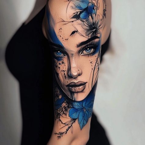 Eyes And Flowers Tattoo, Tattoo Of Womens Face, Dark Realism Tattoo Sleeve, Floral Face Tattoo, Woman Portrait Tattoo Design, Blue Eyes Tattoo, Women Face Tattoo, Skull Thigh Tattoos, Blue Ink Tattoos