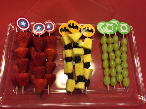 Fruit kabobs superhero party Kabobs For Party, Fruit Kabobs For Party, Party Fruit, Marvel Birthday Party, Superhero Baby Shower, Marvel Party, Kabob Skewers, Fruit Skewers, Avenger Birthday Party