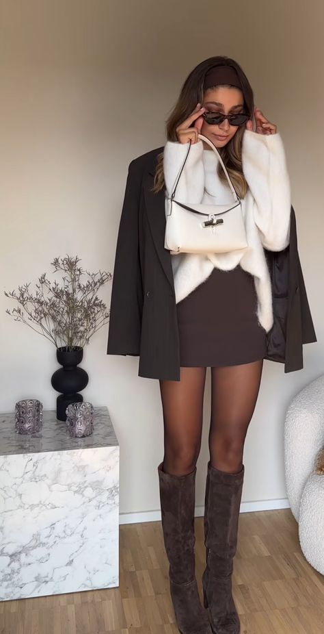 Lunch Date Aesthetic Outfit, Europe Going Out Outfits Winter, Brown Shorts Outfit Winter, Chic Birthday Outfits Winter, Caramel Boots Outfit Winter, Mini Skirt With Knee High Boots, Winter City Night Outfit, Brown Boots Outfit Knee High, Brown Boots With Tights Outfit