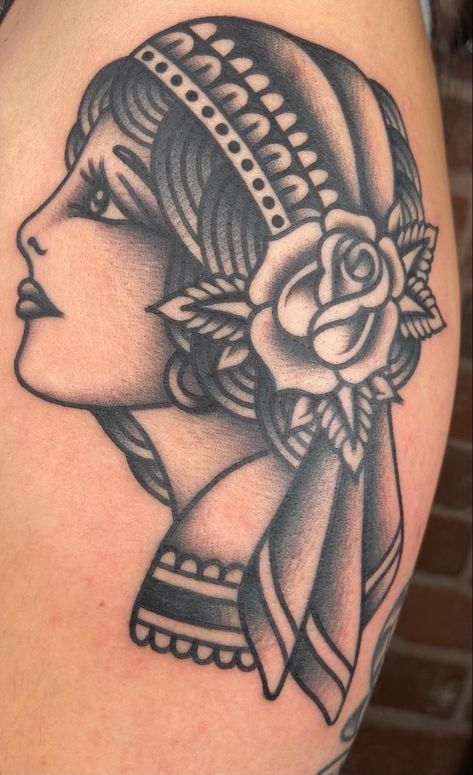 Black Grey American Traditional, Old School Lady Head Tattoo, Traditional Woman Tattoo Black, Traditional Tattoo Art Woman Face, Traditional Tattoos Woman Face, Traditional Lady Head Tattoo Side Profile, American Traditional Tattoos Women Faces, American Traditional Lady Face Tattoo, Romani Women Tattoo