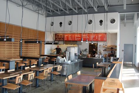 I like the "chipotle aesthetic" of using a minimal material range. Use of recycled material is nice. Needs a more comfortable feel though. Chipotle Mexican Grill, Grill Food, Interior Design Dining, Operating Model, Plywood Walls, Mexican Grill, Hot Tamales, Organizational Structure, Fast Casual