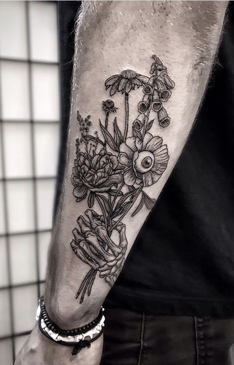 eye floral flower bouquet skeleton bones hand creepy Skeleton Peace Sign With Flowers Tattoo, Emo Floral Tattoo, Skull Inspired Tattoo, Skull With Plants Growing Out Of It Tattoo, Skull Flower Bouquet Tattoo, Skeleton Watering Skeleton Tattoo, Floral Grim Reaper Tattoo, Skeleton Hand Bouquet Tattoo, Flowers With Eyeballs Tattoo