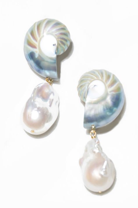 Natural nautilus shells detailed with a large freshwater baroque pearl drop. hypoallergenic push backing for pierced ears. Dimensions / 3 inches x 1.5 inches Shell Dangle Earrings, Silver Shell Earrings, Dope Jewelry Accessories, Earrings Beach, Nautilus Shell, Funky Jewelry, Jewelry Lookbook, Shell Earrings, Jewelry Inspo