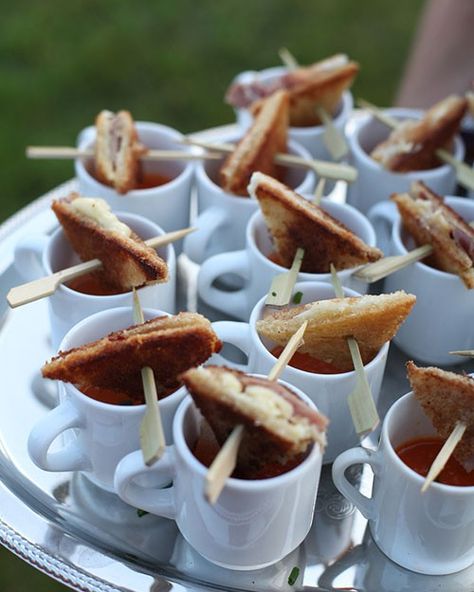 Best Cocktail Hour Ideas, Serving Soup At A Party, Fall Wedding Cocktail Hour Food, Grilled Cheese Bites, Soup Shots, Soup Shooters, Grilled Sandwiches, Grill Sandwich, Bridesmaid Brunch