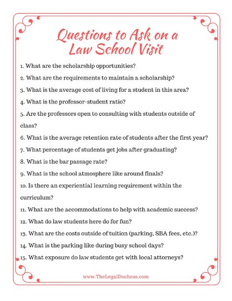 15 Questions to Ask While Visiting a Law School - The Legal Duchess Law School Application Checklist, Law School Scholarships, Criminology Notes, Lsat Study, Paralegal Career, Law School Organization, Law School Admission, Legally Brunette, Lawyer Tips