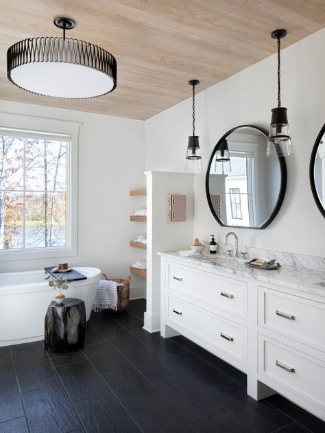 Bathroom Free Standing Tub, Black Floor Bathroom Ideas, Black Floor Bathroom, Floor Bathroom Ideas, Bathroom Orange, Modern Farmhouse Bathroom Decor, Master Suite Bathroom, Farmhouse Bathroom Decor Ideas, Recessed Panel Cabinets