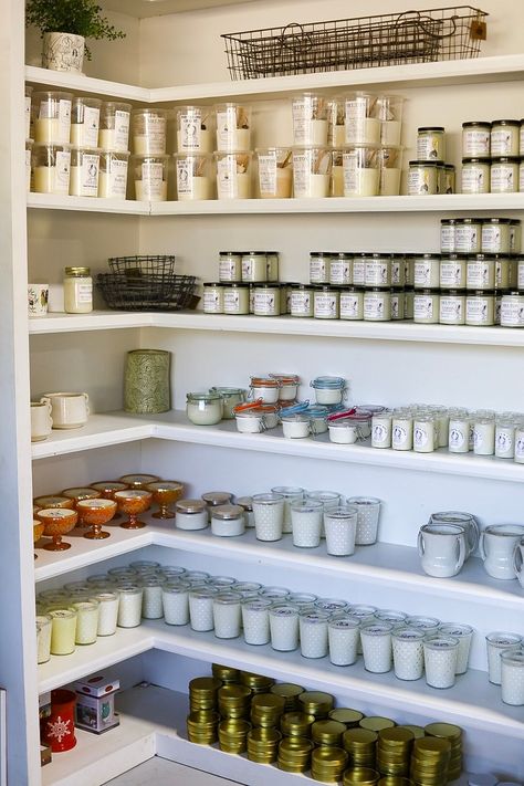 Candle Makers Studio, Candle Making Workspace, Candle Making Station At Home, Candle Set Up, Candle Company Ideas, Candle Business Storage, Candle Shop Aesthetic, Candle Bar Ideas, Candle Closet