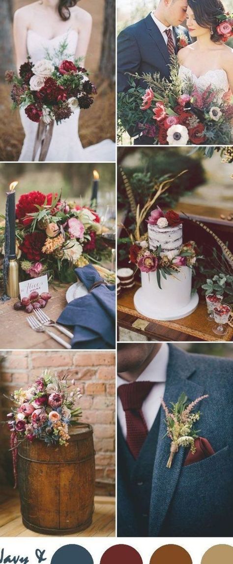 Navy Blue Wedding Color Schemes, Blue And Copper Wedding, Burgundy Blue Wedding, Marsala Wedding Bouquet, Maroon Wedding Ideas, August Wedding Colors, Merlot Wedding, September Wedding Colors, Slate Blue Wedding