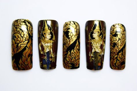 Nail Art by Pisut Masanong #nail #nails #nailart Thai Nails Design, Thailand Nail Art, Mythical Nail Art, Thailand Inspired Nails, Thai Nails, Baroque Nails Art, Royals Nails, Nail Painting, La Nails