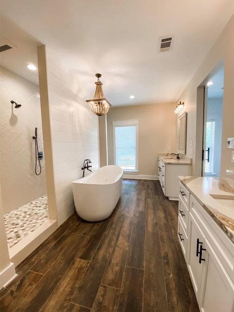 Bathroom Inspiration Wood Floor, Barrel Ceiling Bathroom, Master Bath Walk Through Shower Ideas, Toilet Cubby Master Bath, Basement Master Bath, Big Bathroom Ideas Master Suite Farmhouse, Master Bath Ideas No Tub, 10x15 Bathroom Layout, Master Bath Barndominium