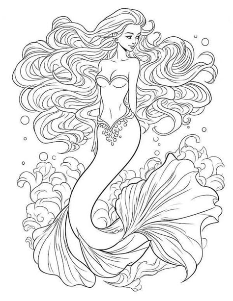 Siren Coloring Page, Beautiful Mermaid Drawing, Mermaid Colouring Pages, Free Mermaid Coloring Pages, Coloring Sheets For Adults, Ariel Coloring Pages, Manga Coloring Pages, Colouring Sheets For Adults, Mermaid Coloring Book