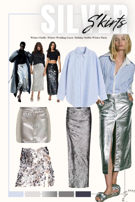 Women wearing silver skirts, sequin skirts, and metallic skirts. Silver Skirt Styling, Silver Denim Skirt, Silver Skirt Outfit Party, Silver Skirt Outfit Ideas, Silver Maxi Skirt Outfit, Skirt 2024 Trend, Silver Shirt Outfit, Skirt Winter Outfits, Silver Skirt Outfit