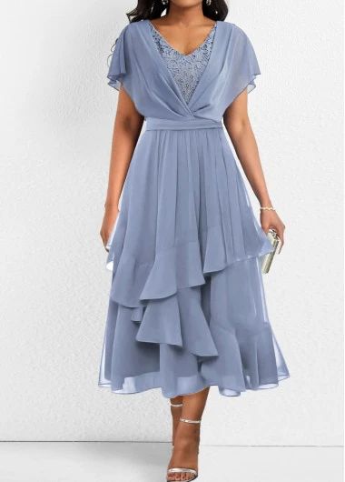 ROTITA Asymmetry Dusty Blue V Neck Short Sleeve Dress | Rotita.com - USD $51.98 Plain Long Dress, Maxi Dress Short, Dress Lace, Dusty Blue, Lace Dress, Chiffon, V Neck, Lace, Blue