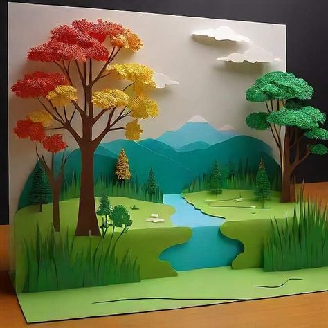 Tree Projects For Kids, Poster Making Ideas, Seasons Craft, Forest Project, Kids Painting Crafts, Creative School Project Ideas, Quilled Creations, 3d Quilling, Hand Crafts For Kids