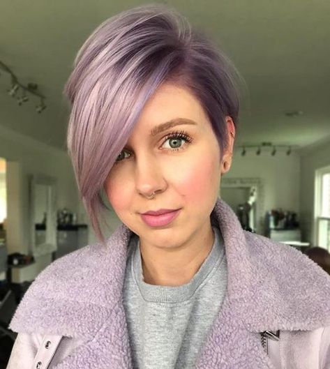 Pastel Purple Hair Short, Pastel Pixie Hair, Lavender Pixie, Purple Hair Short, Pixie Cut Round Face, Pastel Purple Hair, Shaved Pixie, Brunette Pixie, Short Pixie Cuts