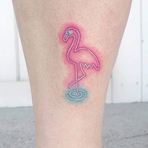 Pink Flamingo Tattoo Ideas, Palm Tree Flamingo Tattoo, Neon Tattoos, Flamingo Tattoos, Glow Tattoo, Ems Tattoos, Pearl Tattoo, Neon Tattoo, Pineapple Tattoo