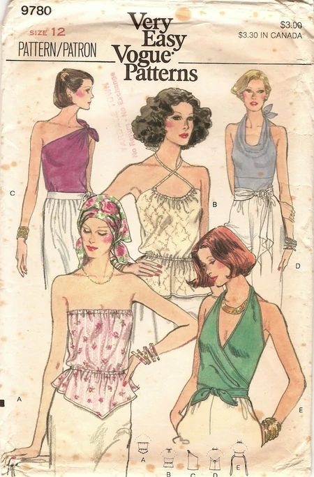 70s Vogue, Vintage Clothes Patterns, Tops Sewing, 1970s Sewing Patterns, Patron Vintage, Fashion Illustration Vintage, Vintage Dress Patterns, Halter Tank, Top Sewing Pattern