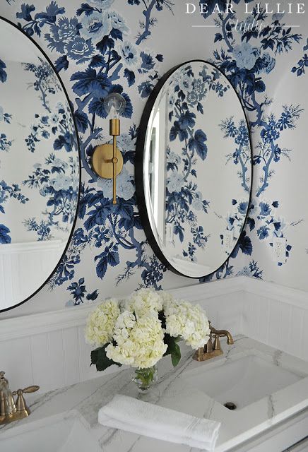 The Girls' Bathroom Reveal - Dear Lillie Studio Indigo Wallpaper, Blue Floral Wallpaper, Girl Bathrooms, Dear Lillie, Blue Flower Wallpaper, Girls Bathroom, Bathroom Wallpaper, White Decor, Beautiful Bathrooms