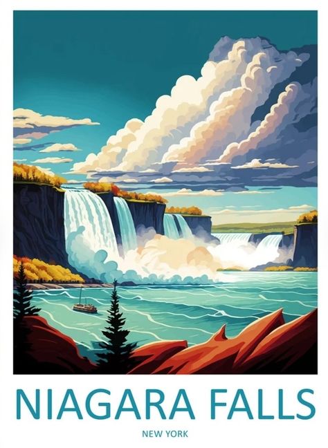 Niagara Falls Illustration, Toronto Postcard, Travel Signs, Niagara Falls New York, Wanderlust Decor, City Cartoon, Vintage Poster Design, Autumn Illustration, Old Advertisements