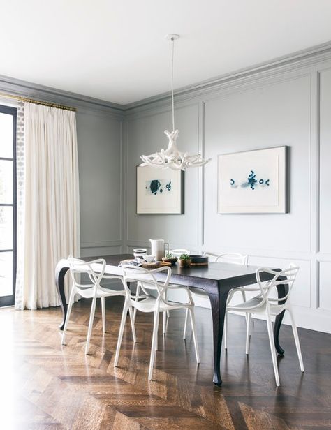 Gray Blue Dining Room, Gray Wainscoting, Kartell Masters Chair, Dining Room Paneling, Panelling Ideas, Oval Bathtub, Stair Paneling, Masters Chair, French Dining Tables