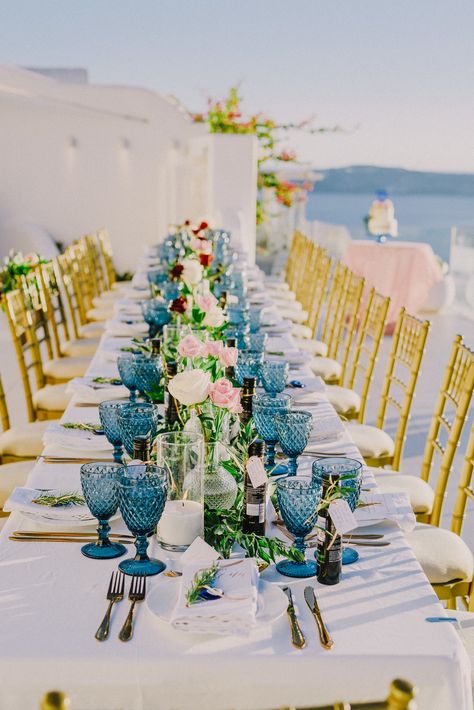 Read More: https://www.stylemepretty.com/vault/image/6751111 Santorini Wedding Theme, Mama Mia Wedding Aesthetic, Santorini Themed Party, Greece Wedding Aesthetic, Greece Wedding Decor, Santorini Party, Greek Wedding Theme, Antigua Wedding, Mamma Mia Wedding