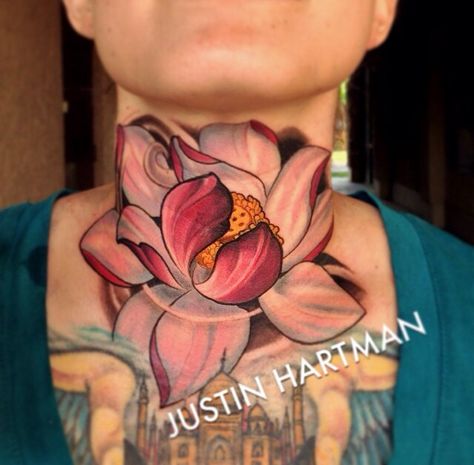 #Lotus #tattoo #throat #throattattoo #necktattoo tattoo done by Justin Hartman. Follow this dope artist on Instagram @justinhartmanart Flower Throat Tattoo, Flesh Art, Lotus Tattoo Meaning, Flower Neck Tattoo, Fade Haircut Designs, Lily Flower Tattoos, Throat Tattoo, Neck Tattoos, Lotus Tattoo