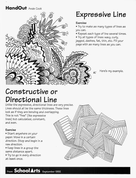 Free:  Ande Cook's Expressive and Directional Line handout.  With a complete sub lesson too! Line Art Lessons High School, Substitute Art Lessons High School, Drawing Lesson Plans, Expressive Line Art, High School Art Worksheets, Worksheet Design, Lines Worksheet, Line Art Lesson, Expressive Lines