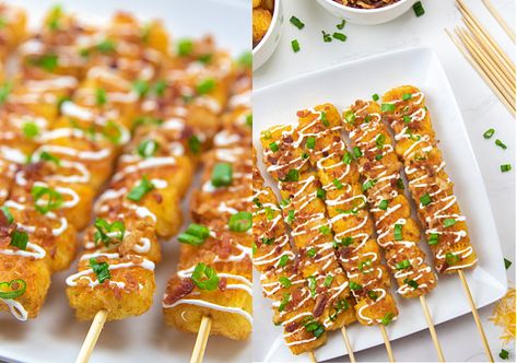 Loaded Tater Tot Skewers Super Easy Game Day Appetizer - Passion For Savings Frozen Strawberry Lemonade Recipe, Party Rolls, Creamy Spinach Roll Ups Recipe, Spinach Roll Ups, Loaded Tater Tots, Sweet Potato Tots, Spinach Rolls, Tater Tot Recipes, Potato Appetizers